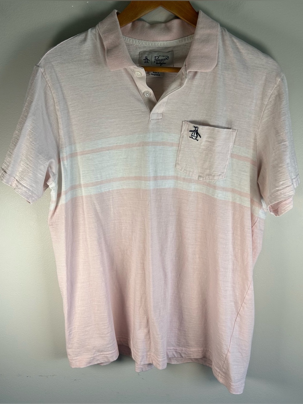 Original Penguin Men’s Polo Shirt Size L Pink White Stripes 100% Cotton Soft